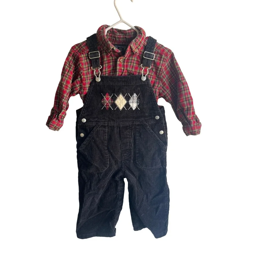 90's The Children's Place Baby Boys Corduroy Overalls‎ and Flannel Holiday Set